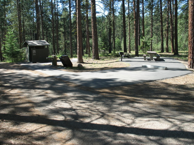 picture showing Bass Creek Picnic: The accessible picnic area with a paved parking pad, paved pad under the picnic table which has a wheelchair seating space, and a BBQ stand with an accessible cooking surface.  A paved route passes a water fountain and continues to the accessible bathroom.